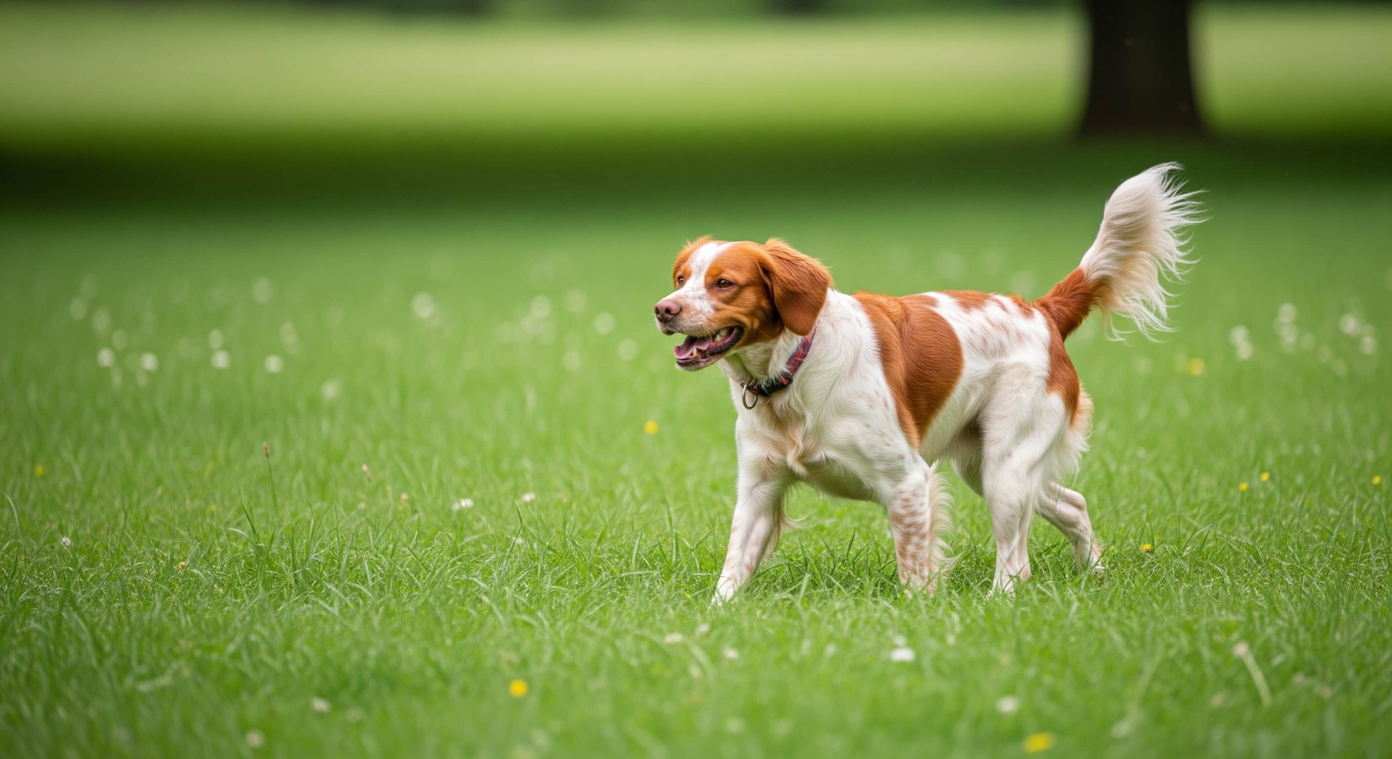 Brittany dog showcasing affectionate temperament, moderate shedding level, and active exercise requirements in a family-friendly setting