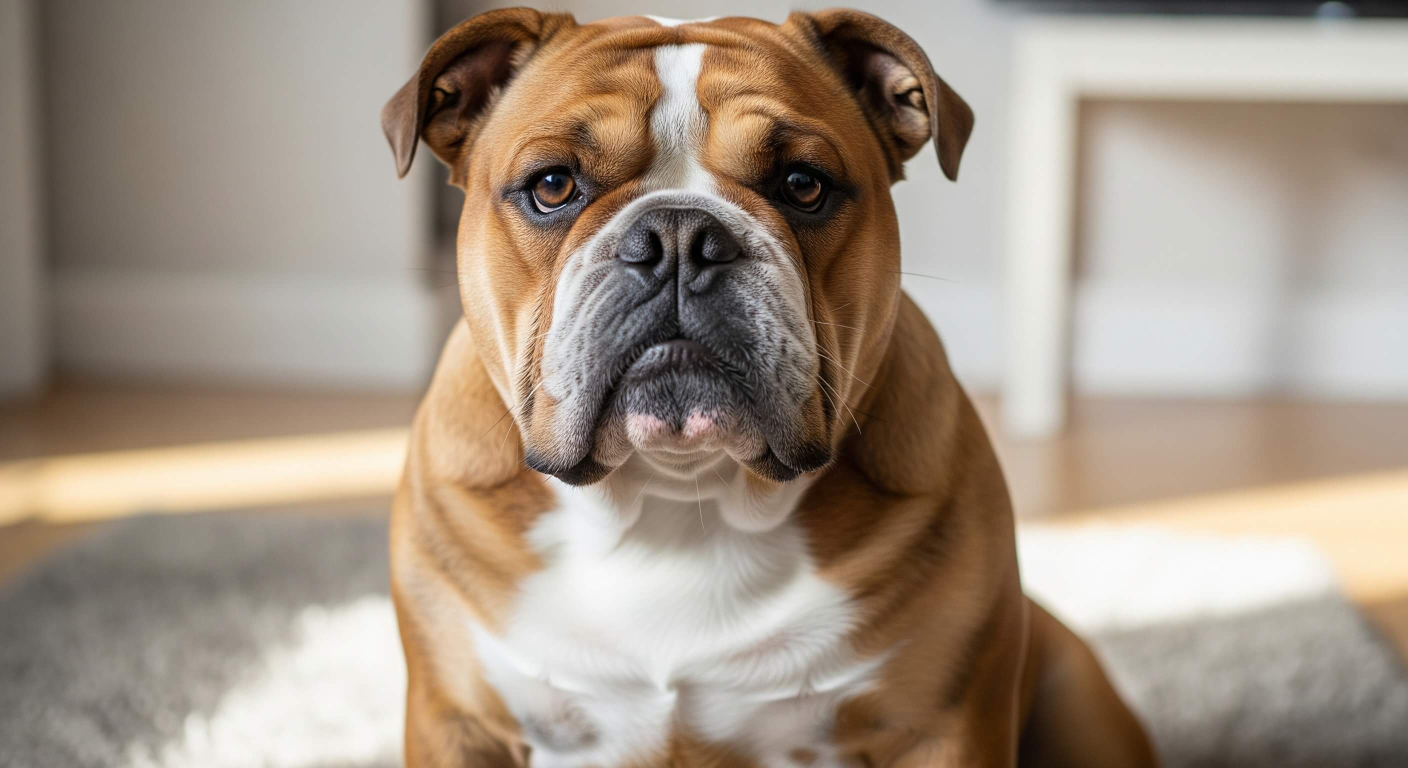 Bulldog dog breed showcasing calm temperament, unique personality traits, low training difficulty, and minimal socialization needs—ideal for apartment living, family-friendly homes, and great with children; highlights exercise requirements, grooming needs, common health issues, average lifespan, diet requirements, low shedding level, and barking tendency.