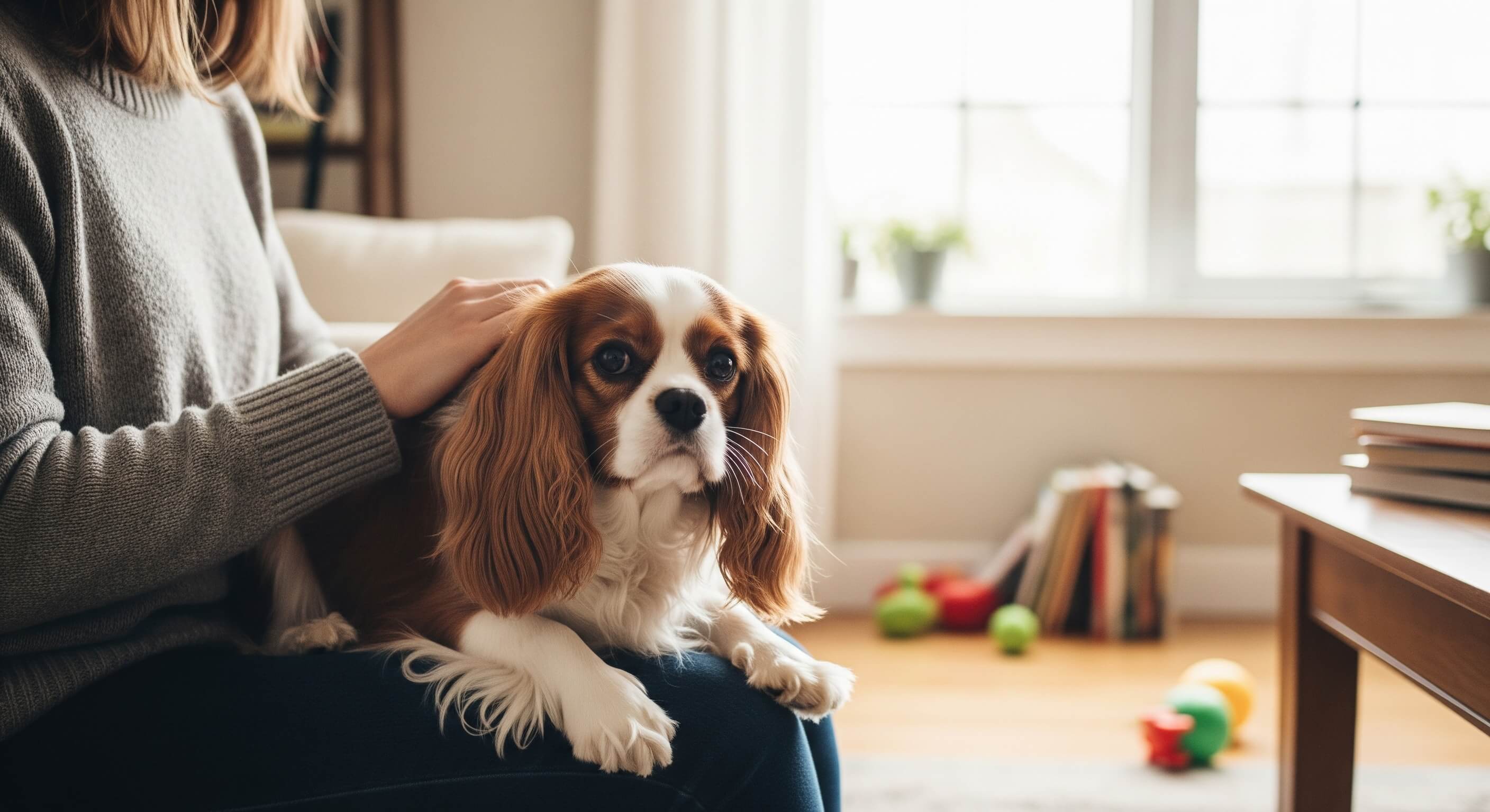 Cavalier King Charles Spaniel with silky coat sitting in apartment – friendly personality, low barking tendency, family-friendly dog with moderate grooming needs and socialization requirements