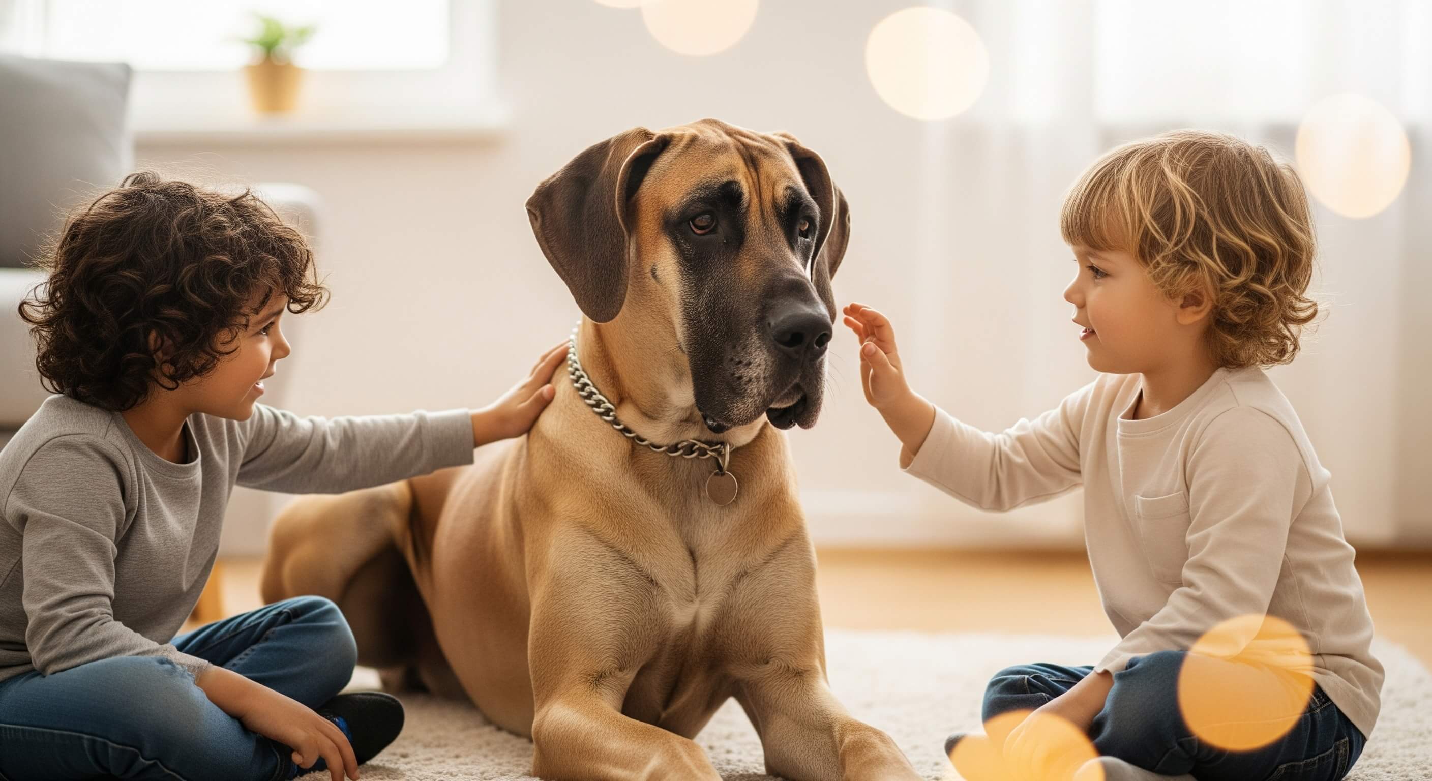 Great Dane dog breed with calm temperament and gentle personality traits, suitable for family living, apartment homes, and good with children